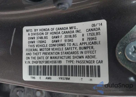 2014 Honda Civic Lx z USA, uszkodzony, nr VIN 2HGFB2F58EH556189
